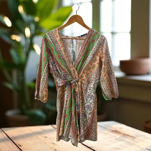 Zara Bohemian Belted Romper with Pink and Green Accents! XS - Picture 1 of 7